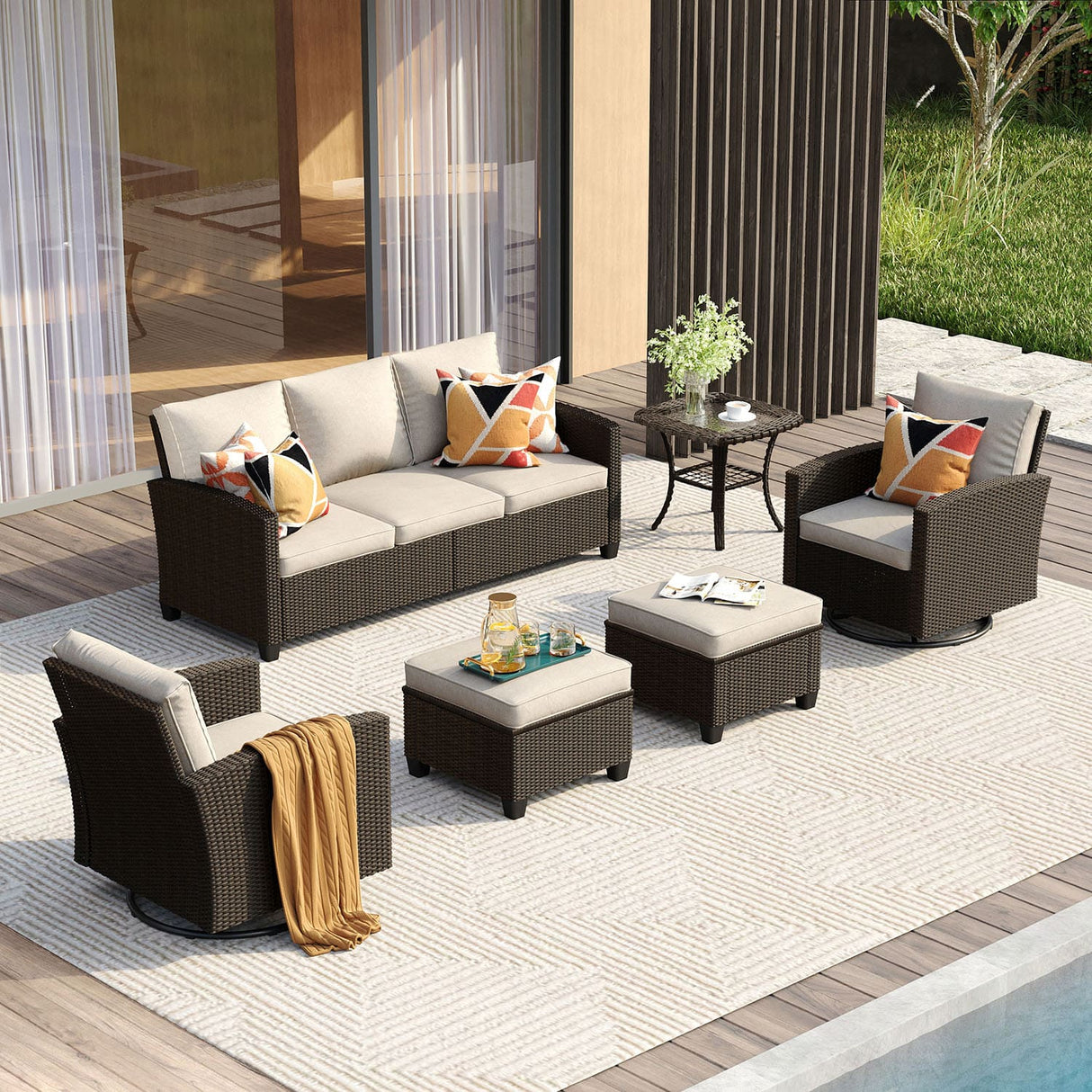 Vicllax Patio Sofa Set, Wicker Outdoor Conversation Set with Cushioned Sofa Chairs and Ottomans