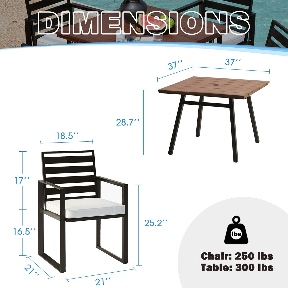 Vicllax 5 PCS Patio Dining Set, Outdoor Metal Table and Dining Chair with Cushion