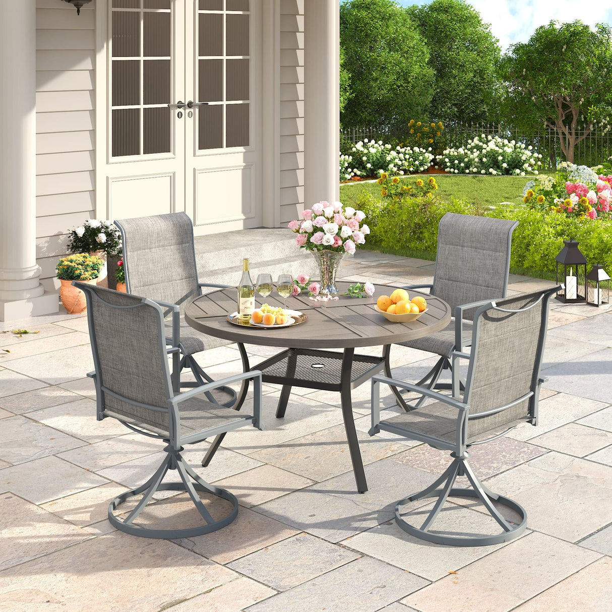 VICLLAX 5 PCS Patio Dining Table Set, Round Metal Table with Shelf and Padded Swivel Chair