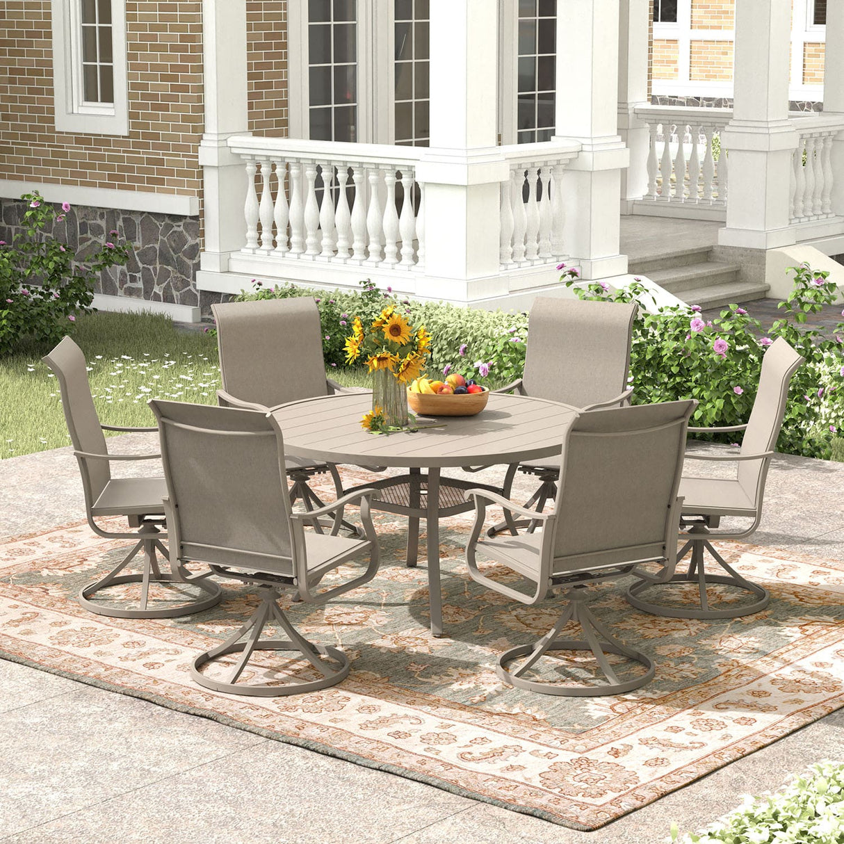 Vicllax 7 pcs Outdoor Dining Set, Metal Round Dining Table and Premium Swivel Chairs