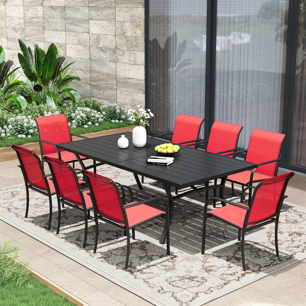 VICLLAX Patio 9 Pieces Outdoor Dining Set, 70.9" Rectangular Metal Dining Table and Stackable Sling Dining Chair with Armrest