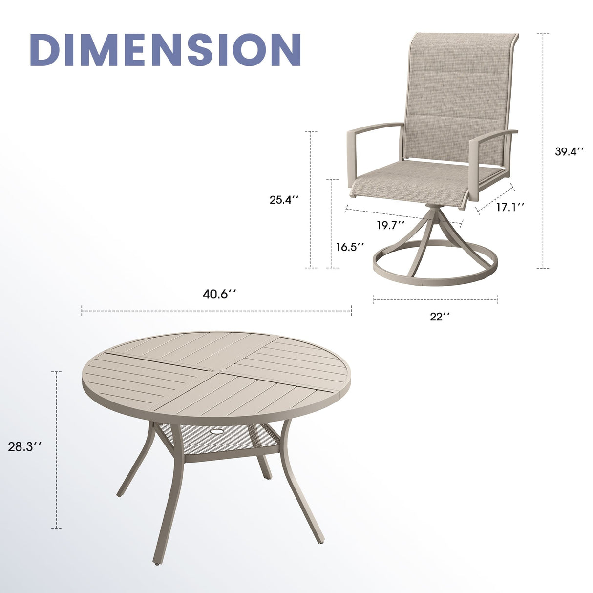 VICLLAX 5 PCS Patio Dining Table Set, Round Metal Table with Shelf and Padded Swivel Chair