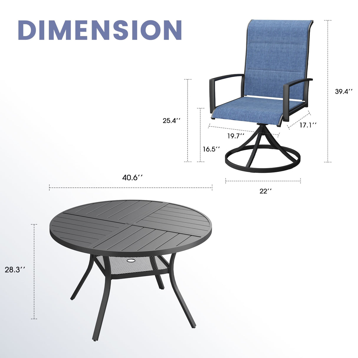 VICLLAX 5 PCS Patio Dining Table Set, Round Metal Table with Shelf and Padded Swivel Chair