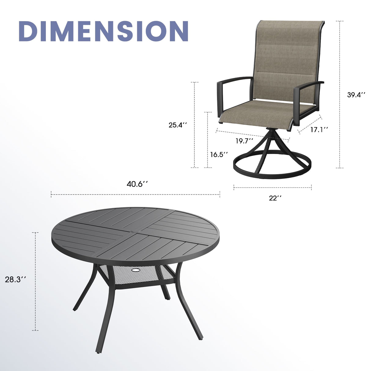 VICLLAX 5 PCS Patio Dining Table Set, Round Metal Table with Shelf and Padded Swivel Chair