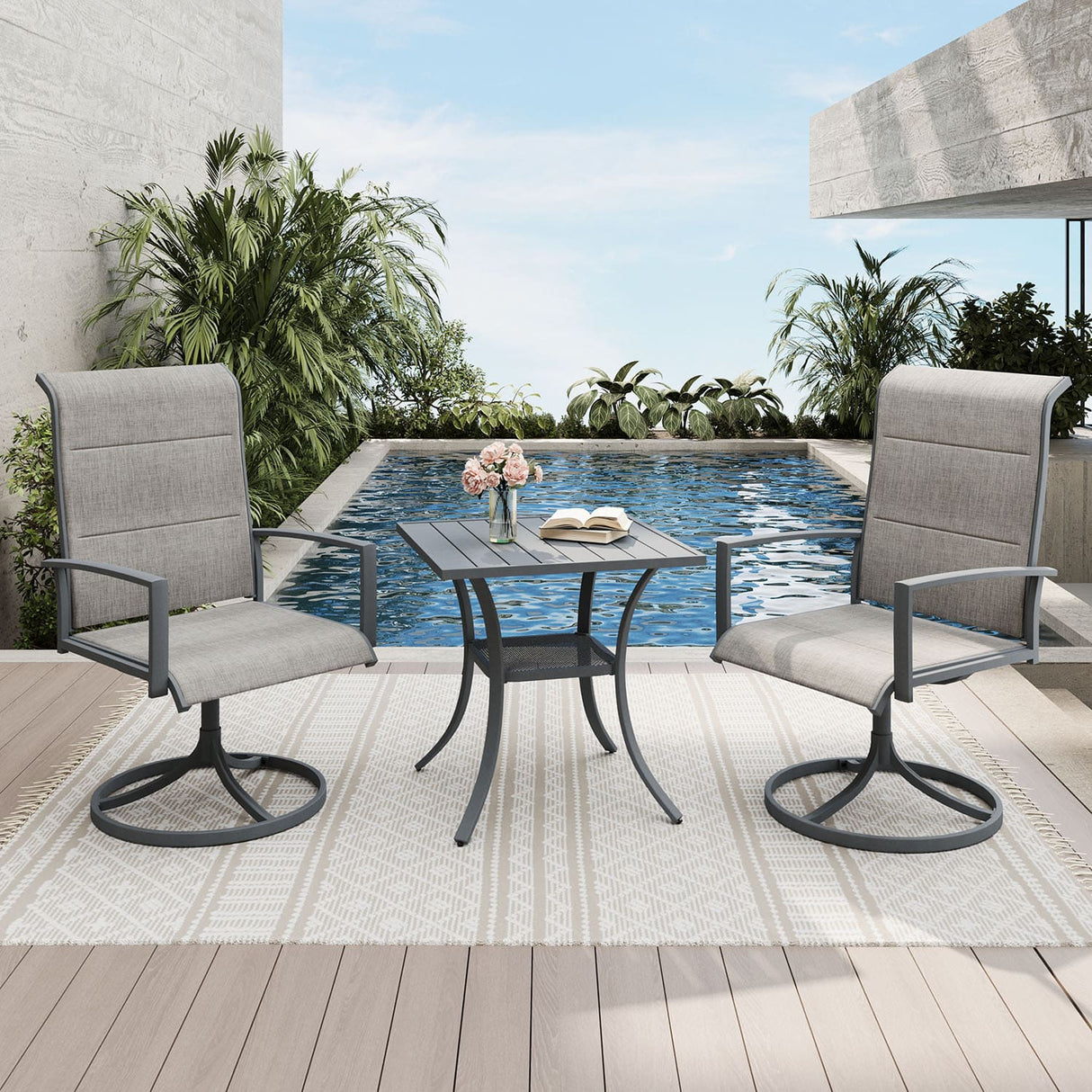 Vicllax 3-Piece Patio Bistro Set, Outdoor Swivel Chairs and Metal Square Table