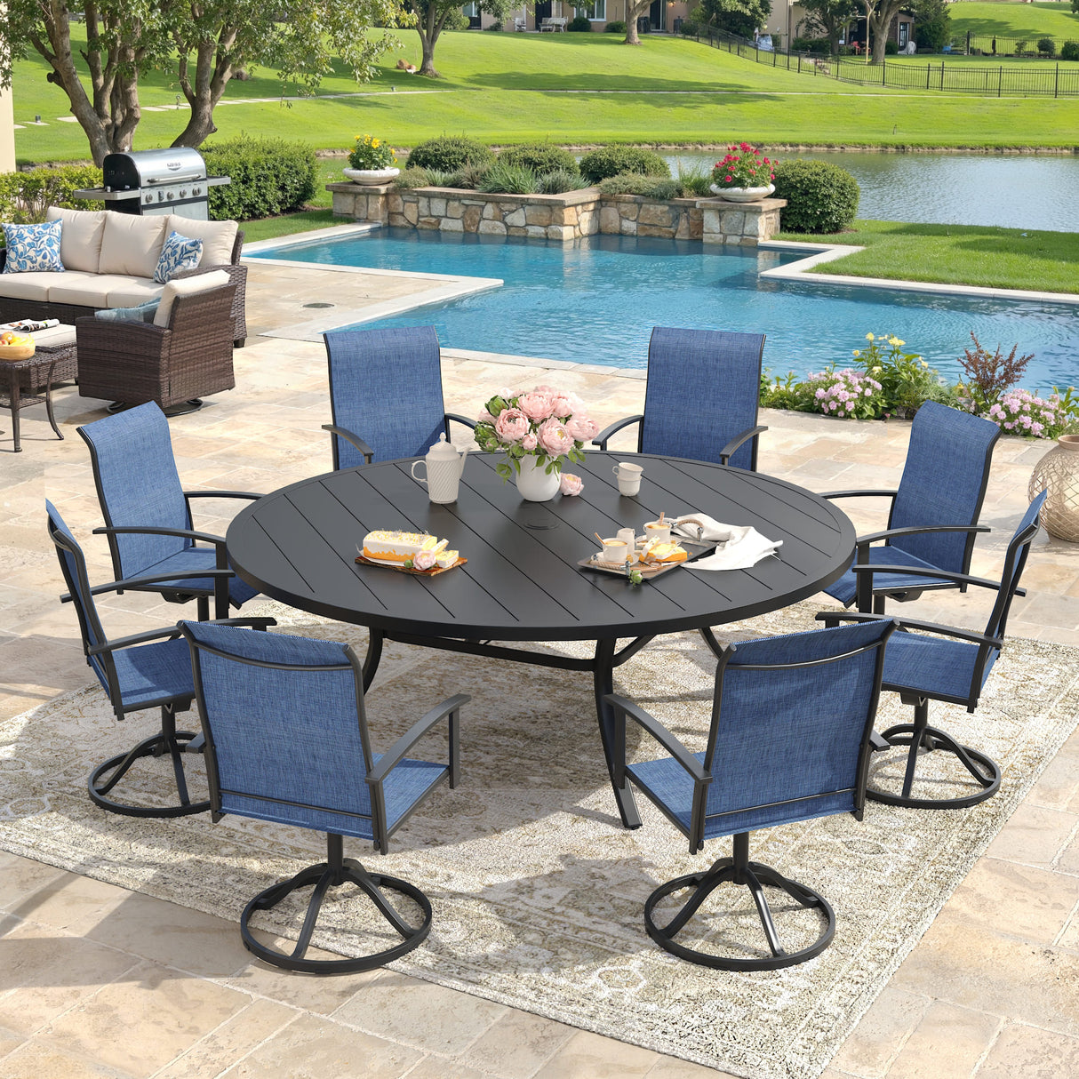 Vicllax Outdoor Dining Set for 8 People, Patio 63" Round Table with 8 Swivel Chairs Set