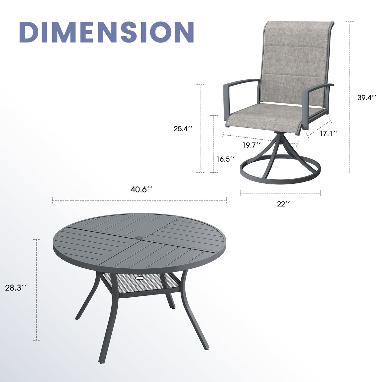 VICLLAX 5 PCS Patio Dining Table Set, Round Metal Table with Shelf and Padded Swivel Chair