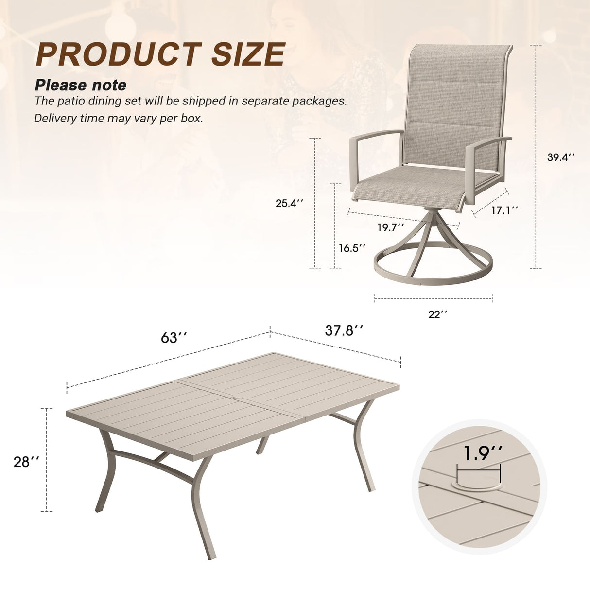 Vicllax 7 Pieces Outdoor Dining Set with Metal Rectangular Table and Padded Swivel Chair