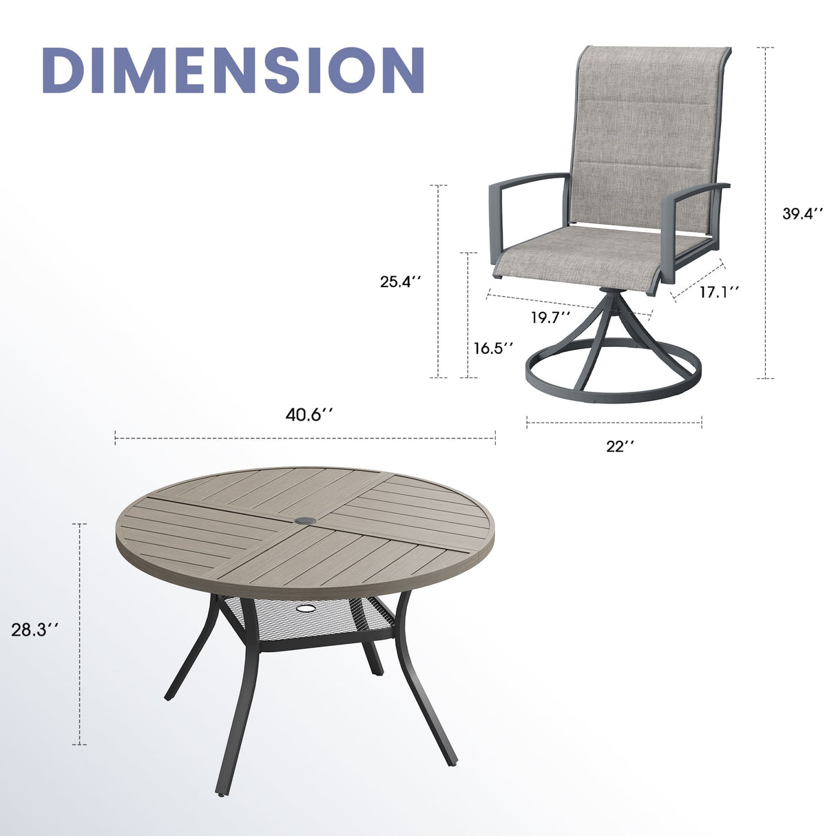 VICLLAX 5 PCS Patio Dining Table Set, Round Metal Table with Shelf and Padded Swivel Chair