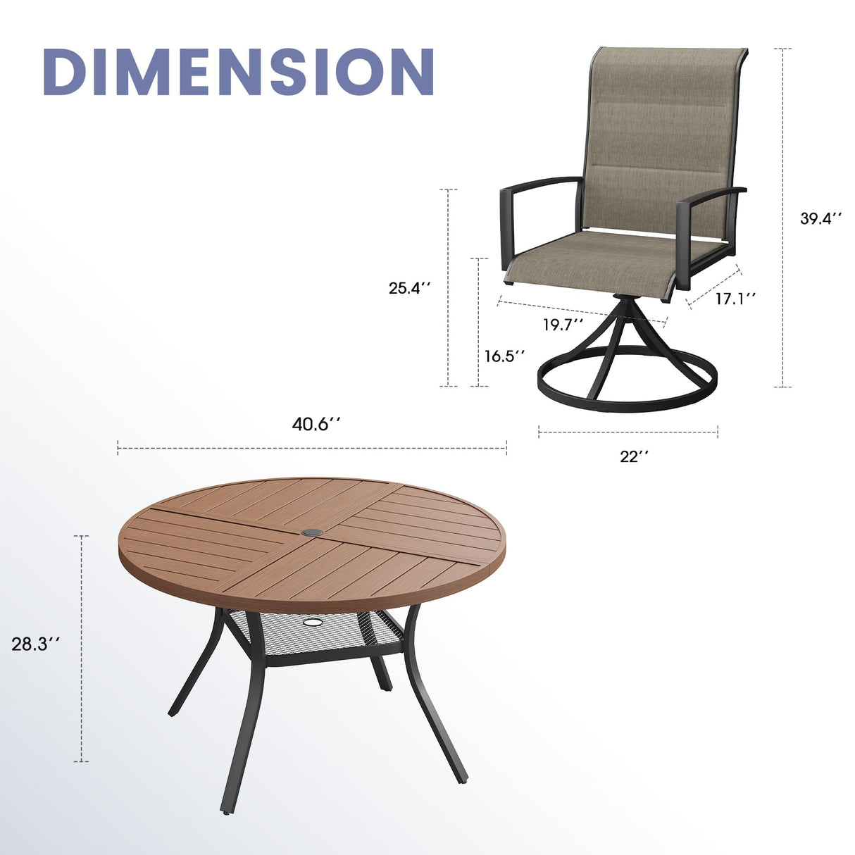 VICLLAX 5 PCS Patio Dining Table Set, Round Metal Table with Shelf and Padded Swivel Chair