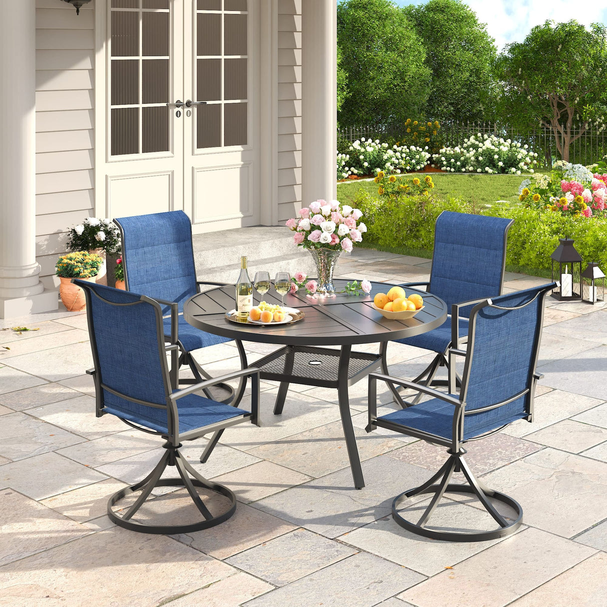VICLLAX 5 PCS Patio Dining Table Set, Round Metal Table with Shelf and Padded Swivel Chair