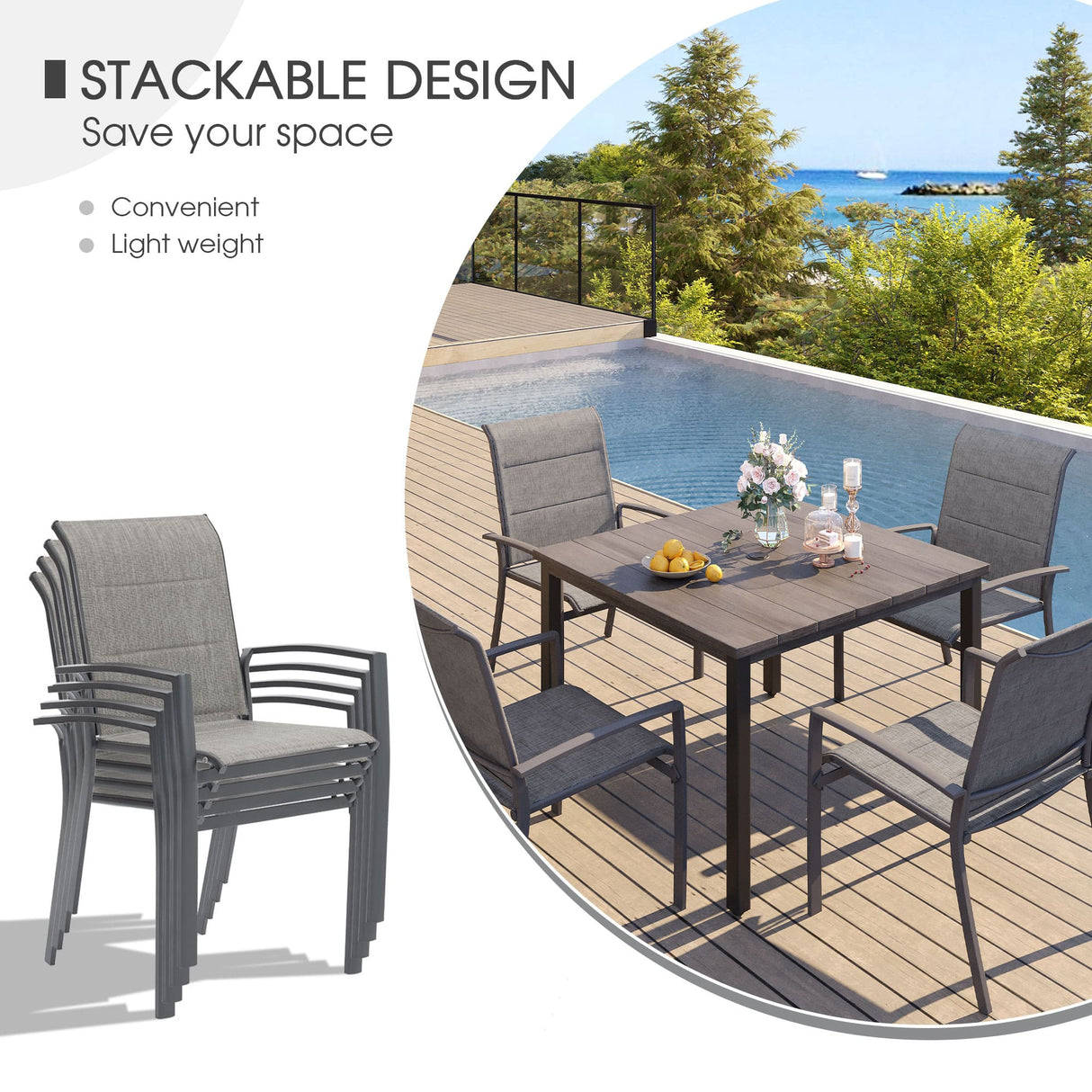 Vicllax Outdoor Dining Set of 8/10, Round Metal Table and Stackable Padded Chair Set of 8, 10