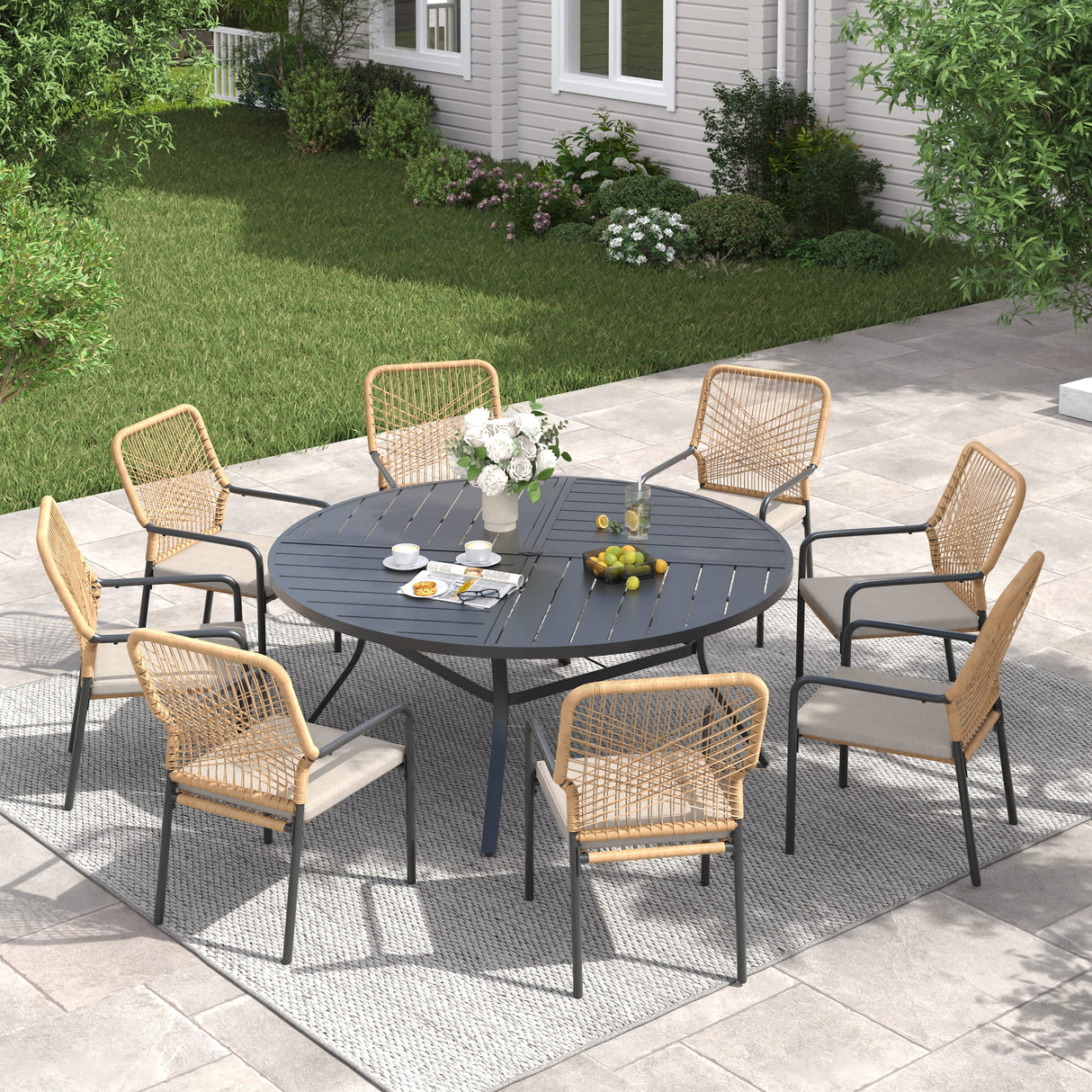 Vicllax 9 PCS Patio Dining Table Set, 53" Round Metal Table and Alora Stackable Chair
