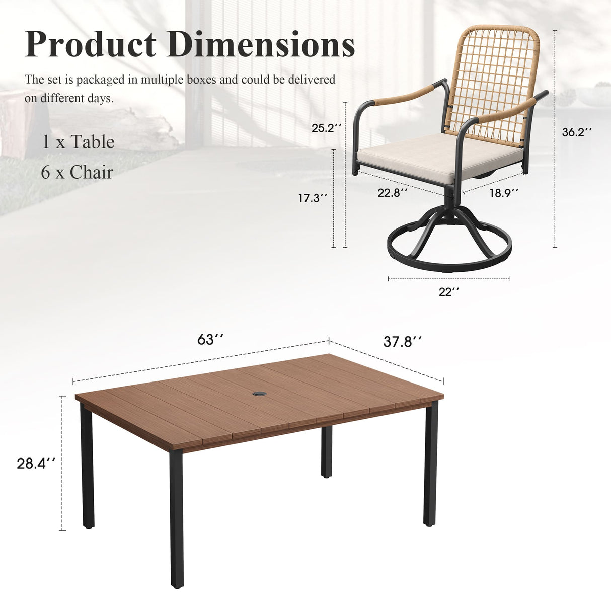 Vicllax 7 pcs Outdoor Dining Set, Rectangular Metal Table and Solana Swivel Dining Chair