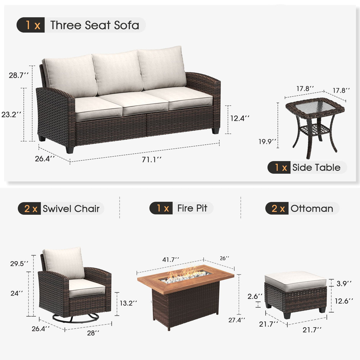 Vicllax Versatile Wicker Patio Set: 6 Pieces with Fire Table and Ottoman