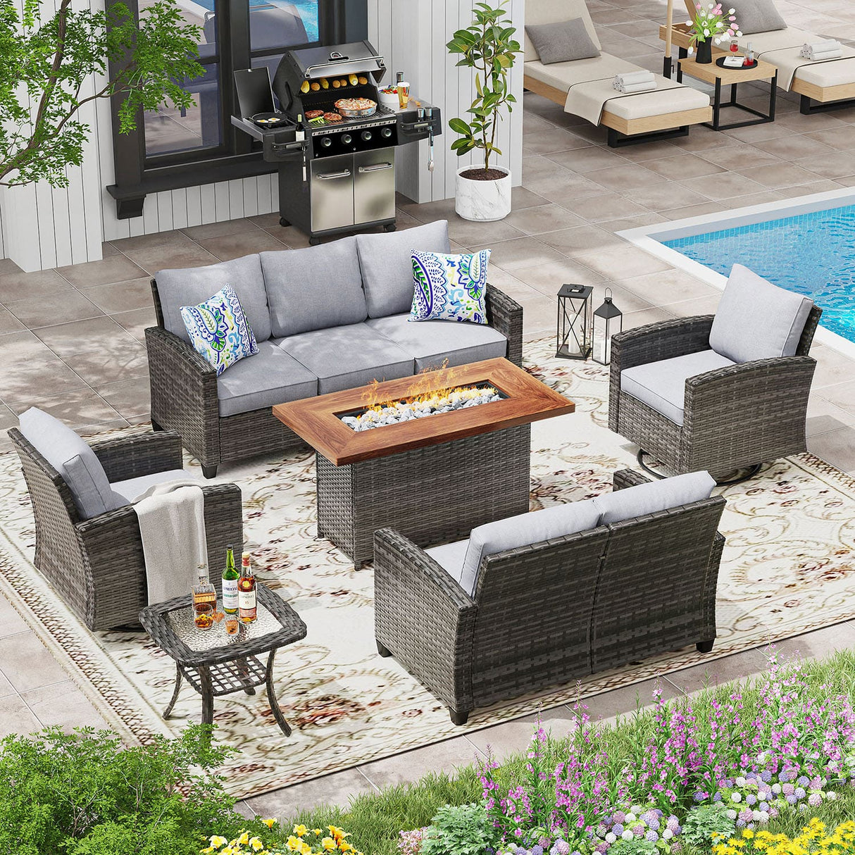 Vicllax Versatile Wicker Patio Set: 5 Pieces with Fire Table