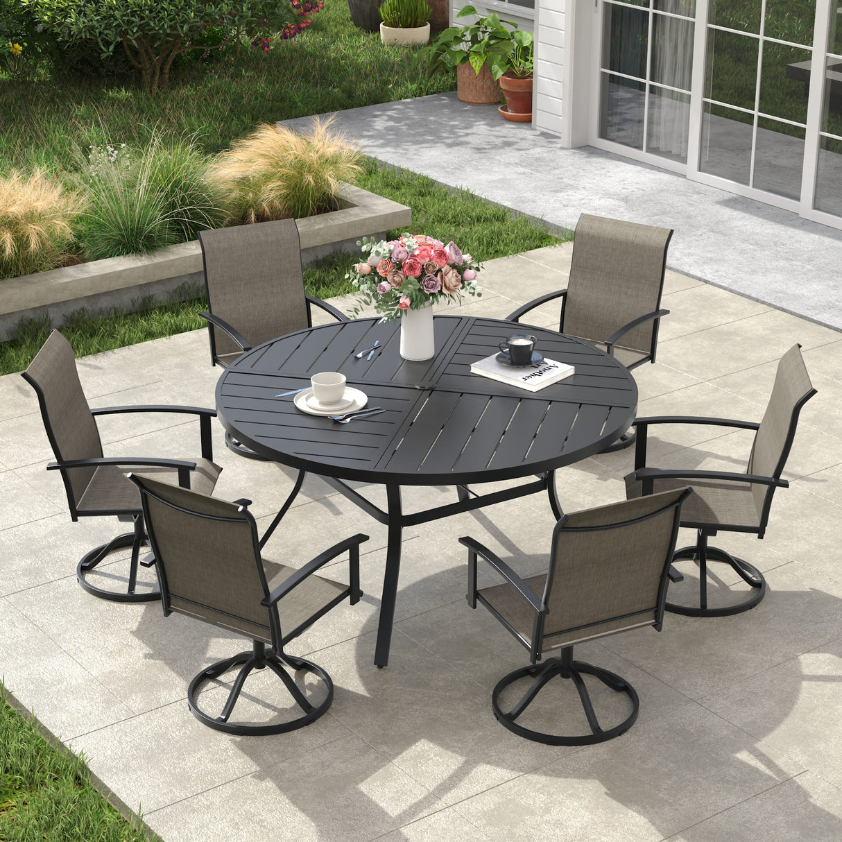 VICLLAX 7-pcs Outdoor Dining Set, 50” Round Metal Table with Umbrella Hole & 6 Swivel Textilene Chairs