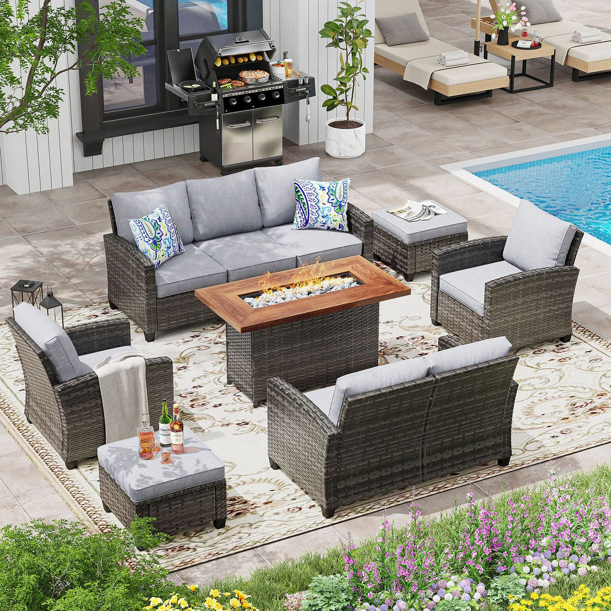Vicllax Versatile Wicker Patio Set: 7 Seater with Fire Table & Ottoman