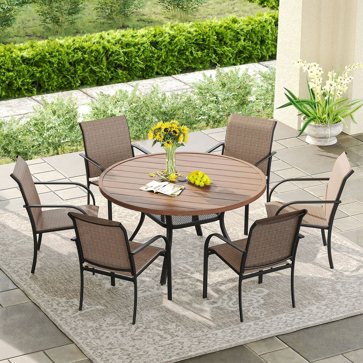 Vicllax 5/7 Pcs Outdoor Dining Set with Round Metal Table and Stackable Sling Chair