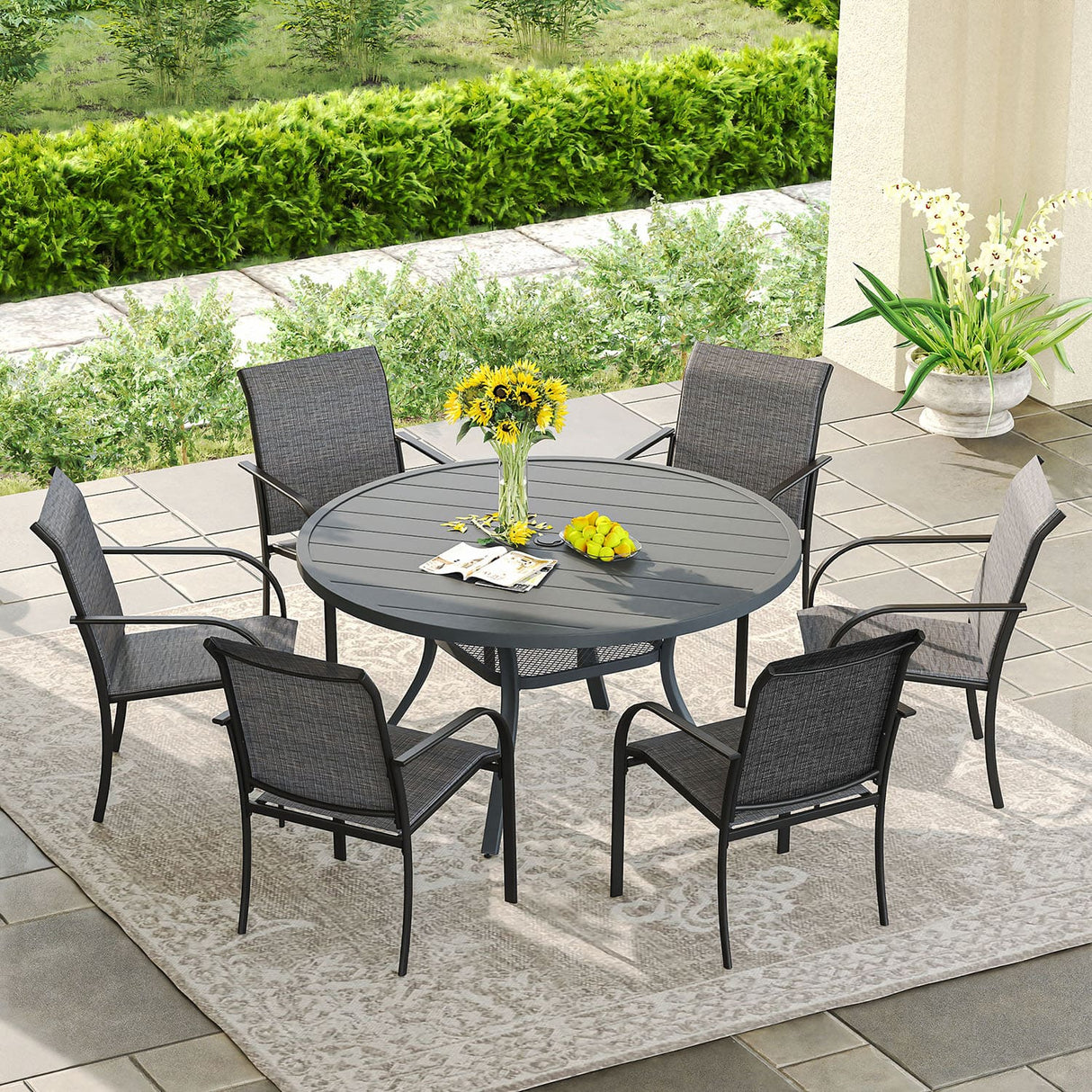 Vicllax 5/7 Pcs Outdoor Dining Set with Round Metal Table and Stackable Sling Chair