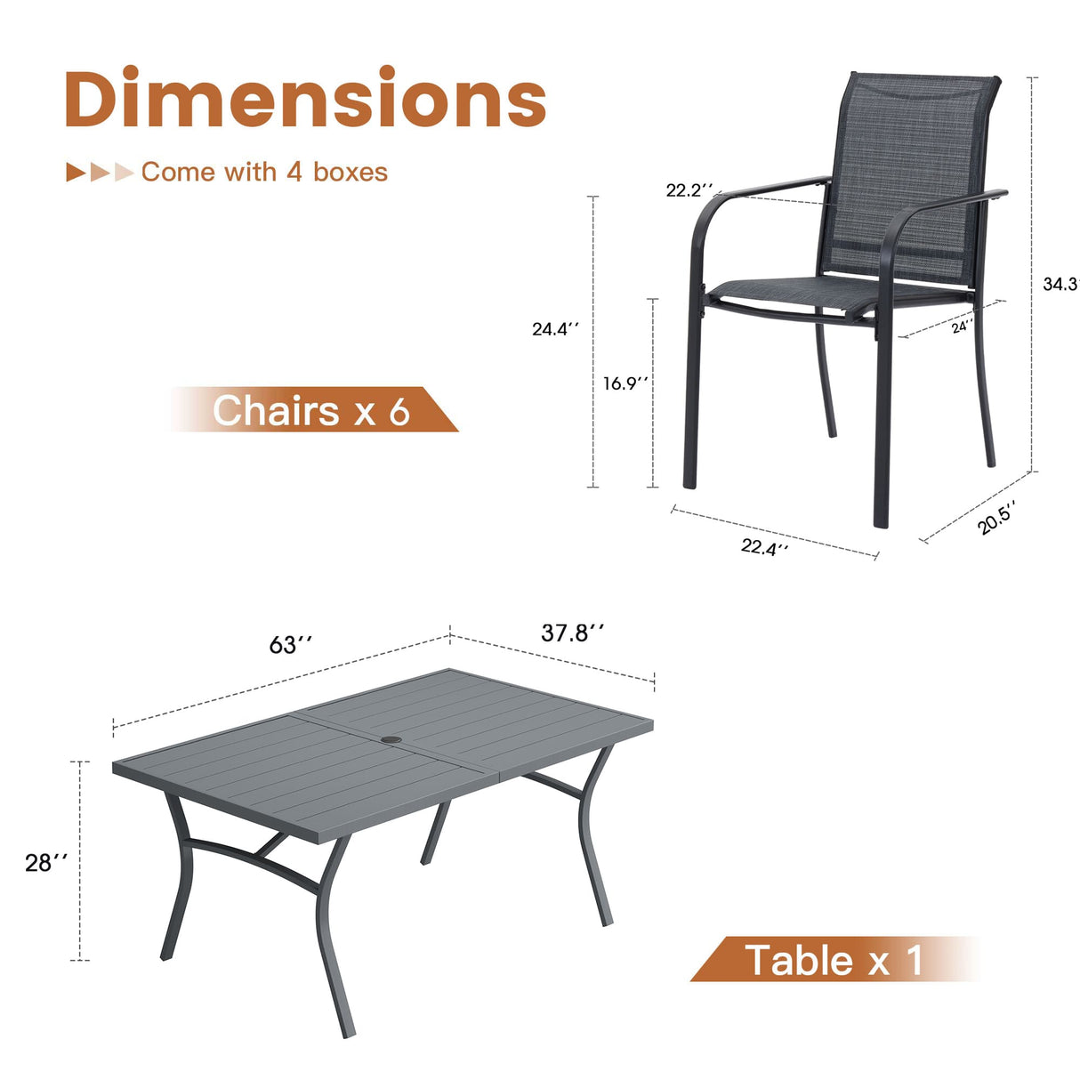 VICLLAX Patio 7 Pieces Outdoor Dining Set, 63" Rectangular Metal Dining Table and Stackable Sling Dining Chair with Armrest