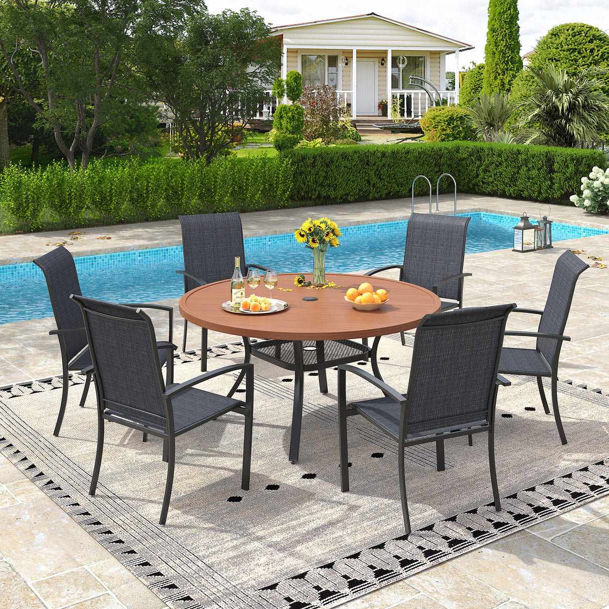 Vicllax 7 Pieces Outdoor Dining Set, 47.2"Round Table and Skyline Stackable Chair