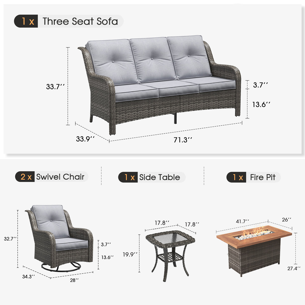 Vicllax Patio Wicker Oasis Lounge Set, 3-Seater, Swivel Chair with Fire table