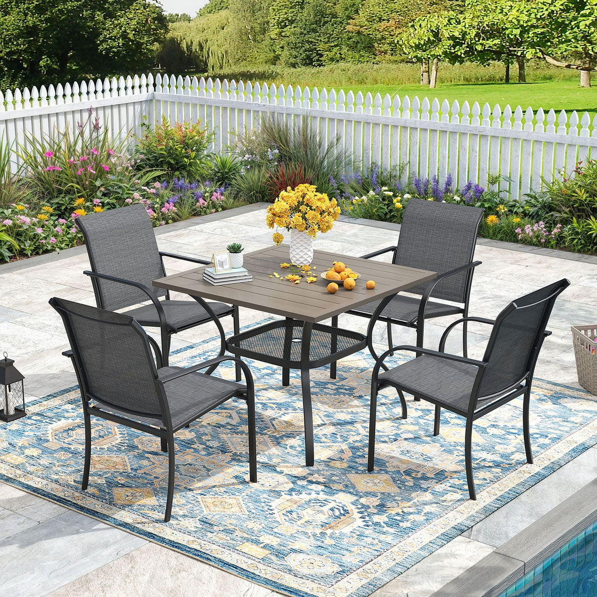 Vicllax 5 Pieces Outdoor Dining Set, 37.8" Square Metal Table and Stackable Sling Chairs