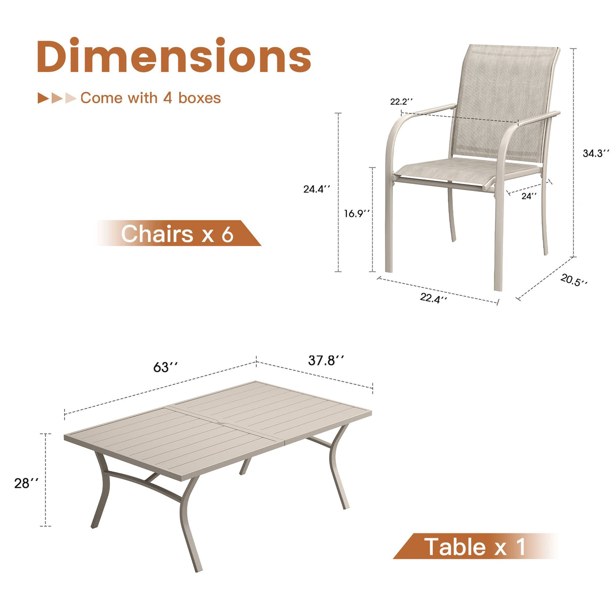 VICLLAX Patio 7 Pieces Outdoor Dining Set, 63" Rectangular Metal Dining Table and Stackable Sling Dining Chair with Armrest