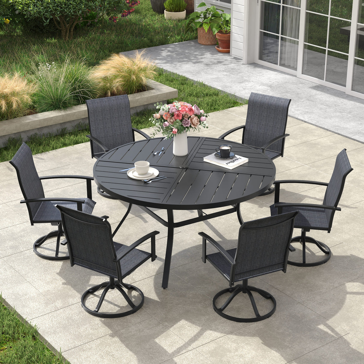 VICLLAX 7-pcs Outdoor Dining Set, 50” Round Metal Table with Umbrella Hole & 6 Swivel Textilene Chairs