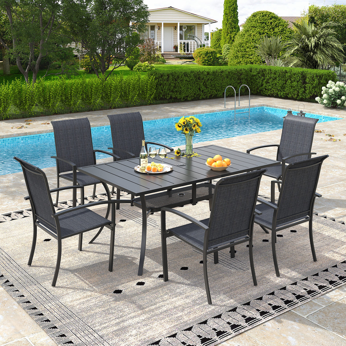 Vicllax 7 Pieces Outdoor Dining Set, Patio Rectangular Metal Table and Skyline Stackable Chair