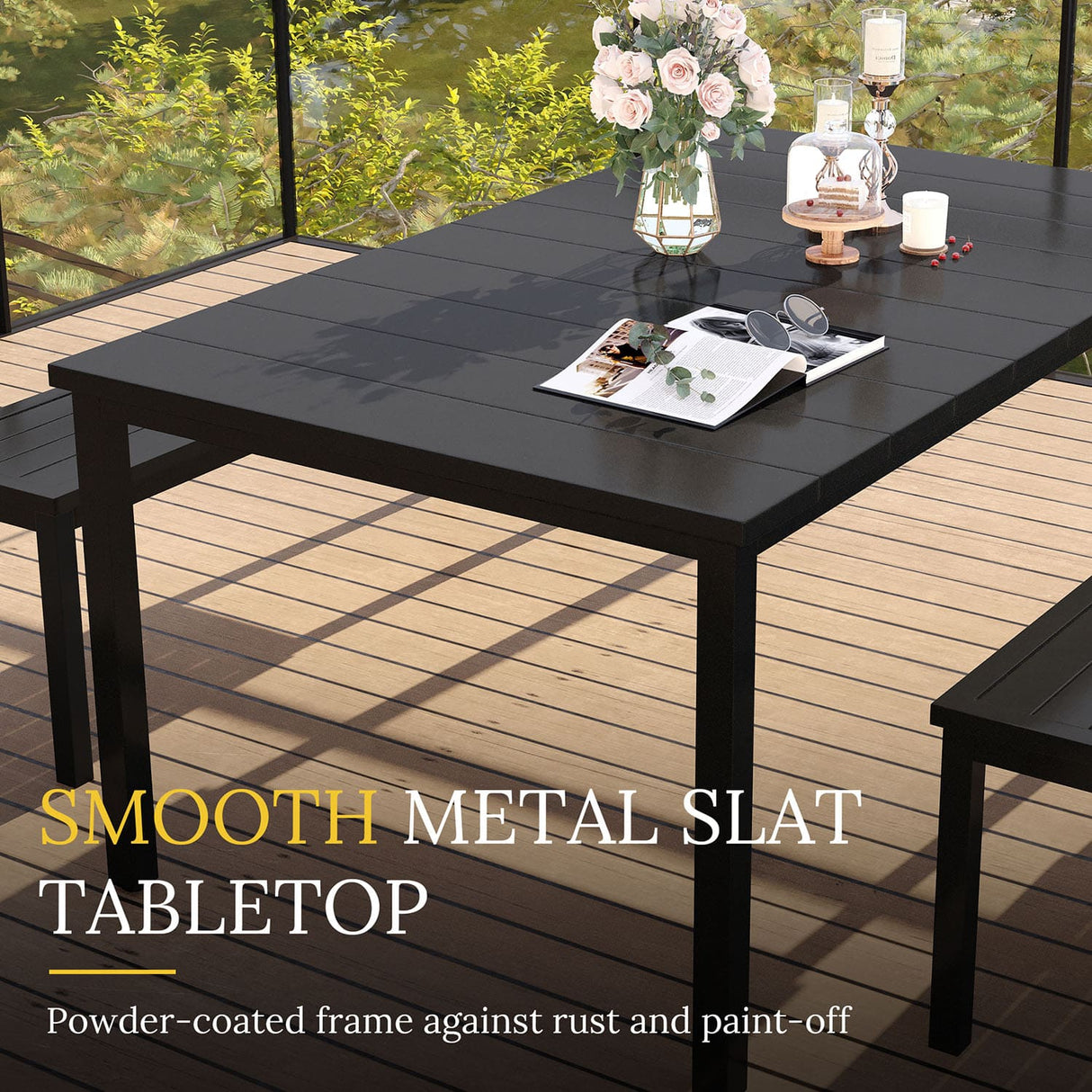 Vicllax 3-Piece Rectangular Metal Outdoor Dining Table and Bench Set