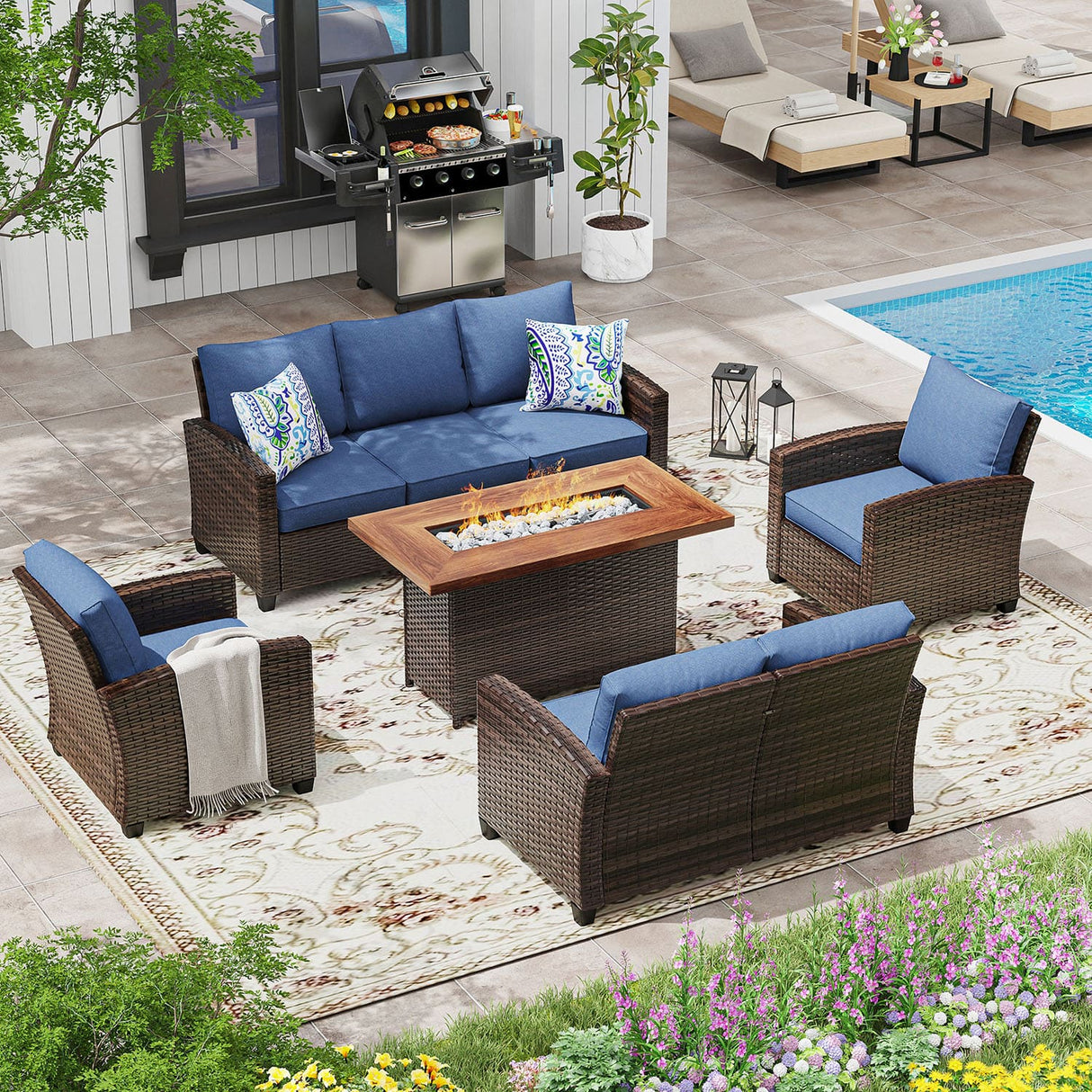 Vicllax Versatile Wicker Patio Set: 5 Pieces with Fire Table
