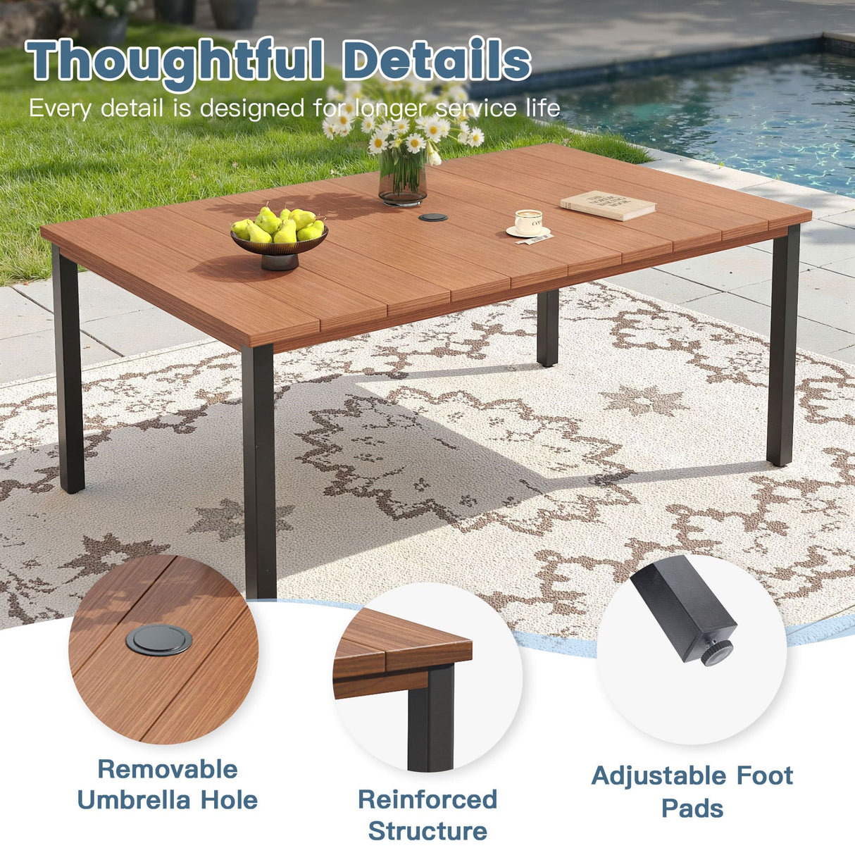 Vicllax 7 pcs Outdoor Dining Set, Rectangular Metal Table and Sienna Swivel Chairs
