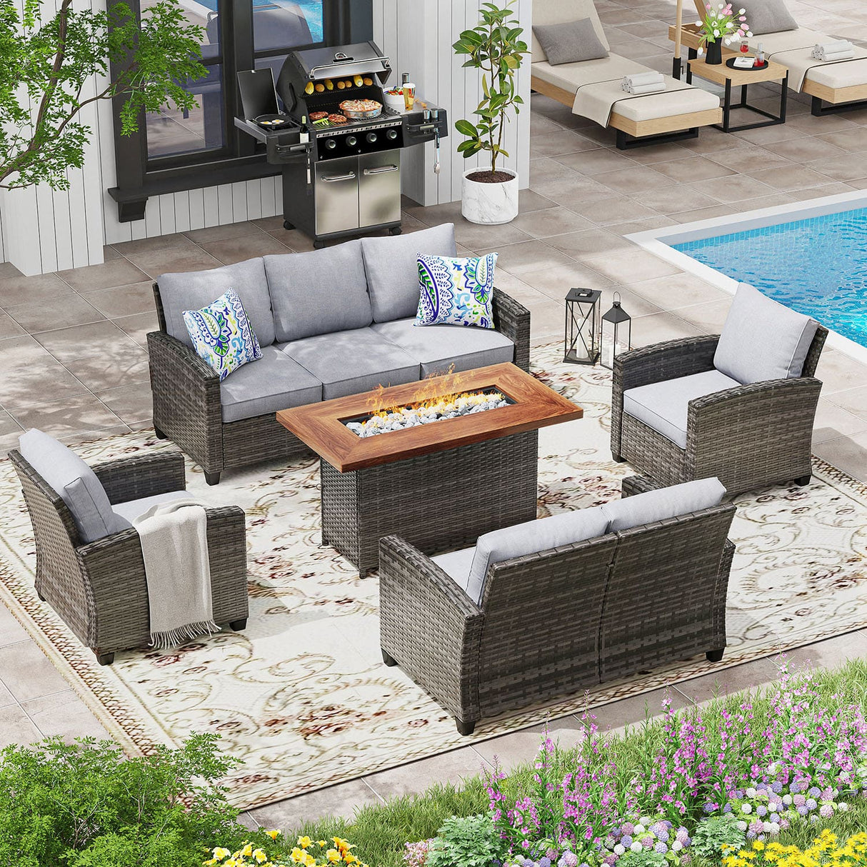 Vicllax Versatile Wicker Patio Set: 5 Pieces with Fire Table
