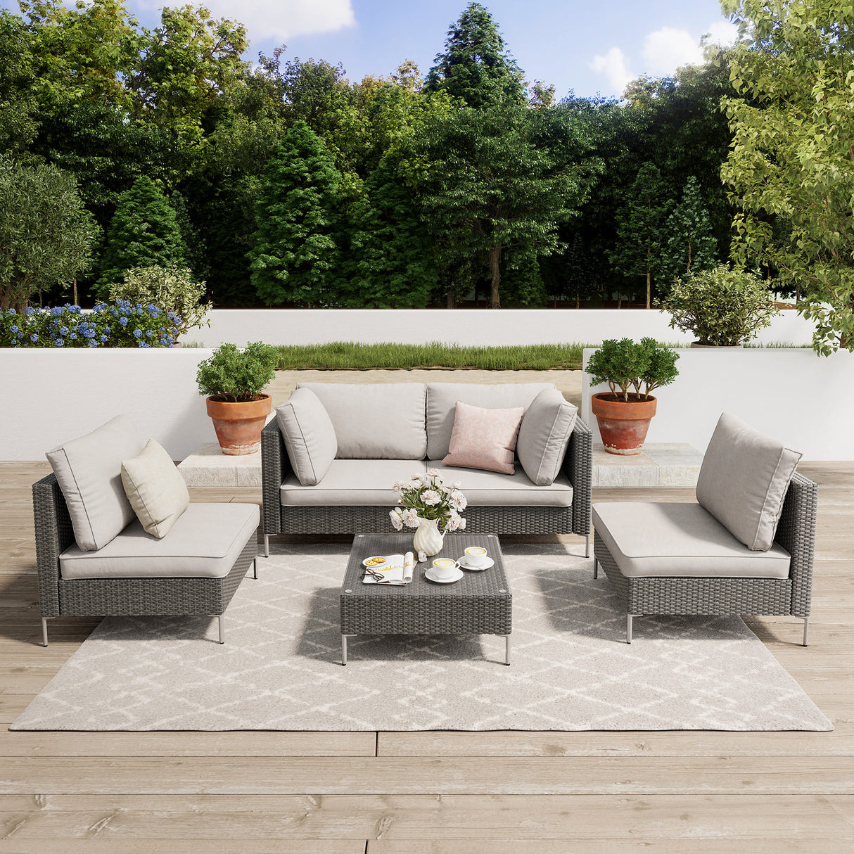 Vicllax 5/7 PCS Wicker Outdoor Conversation Set Patio Sectional Sofas with Glass Coffee Table