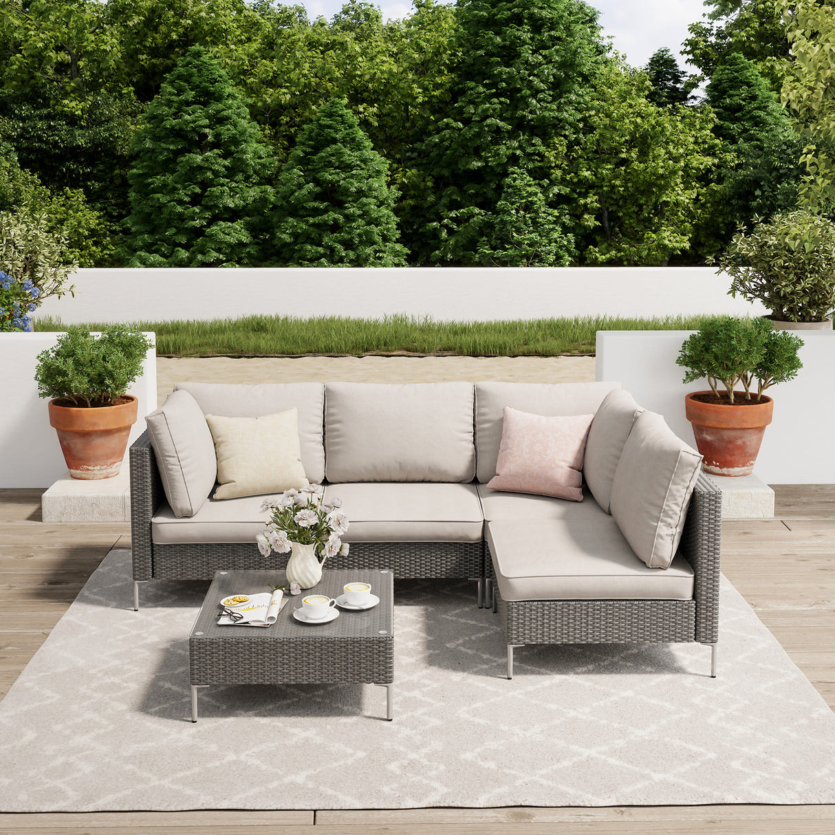 Vicllax 5/7 PCS Wicker Outdoor Conversation Set Patio Sectional Sofas with Glass Coffee Table