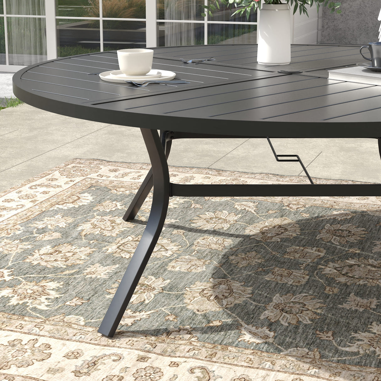 Vicllax 59.8" Patio Round Dining Table Set of 8, Metal Dining Table and Swivel Dining Chairs