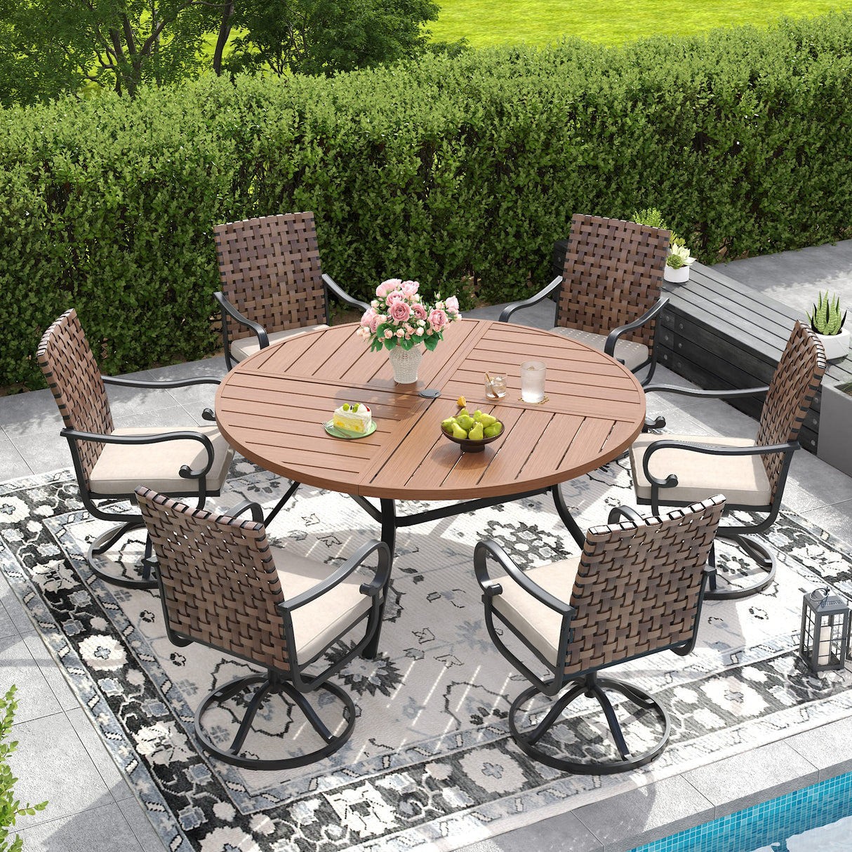 Vicllax 7 Pieces Patio Dining Table Set, 53" Round Metal Table and Sierra Swivel Chair