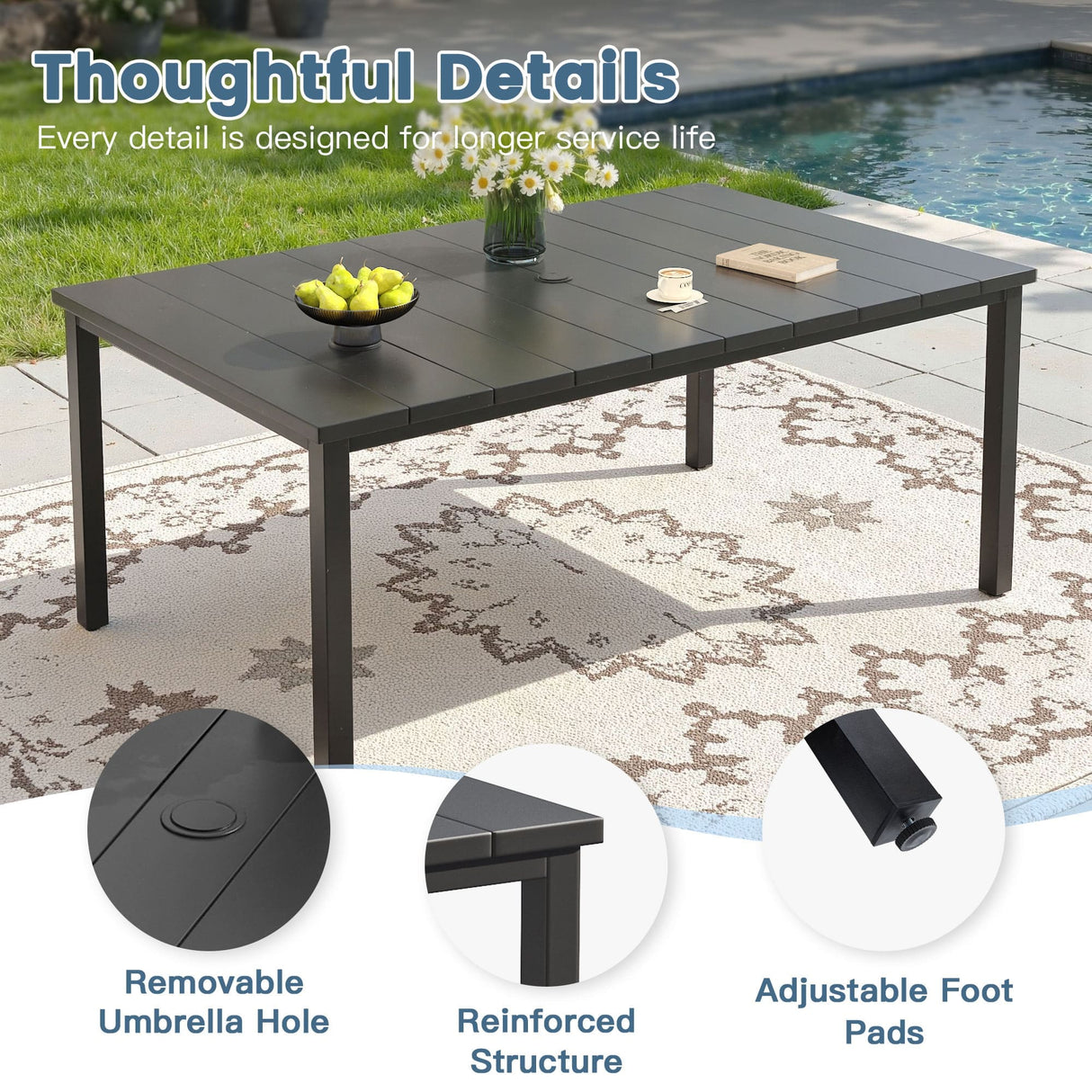 Vicllax 7 pcs Outdoor Dining Set, Rectangular Metal Table and Sienna Swivel Chairs