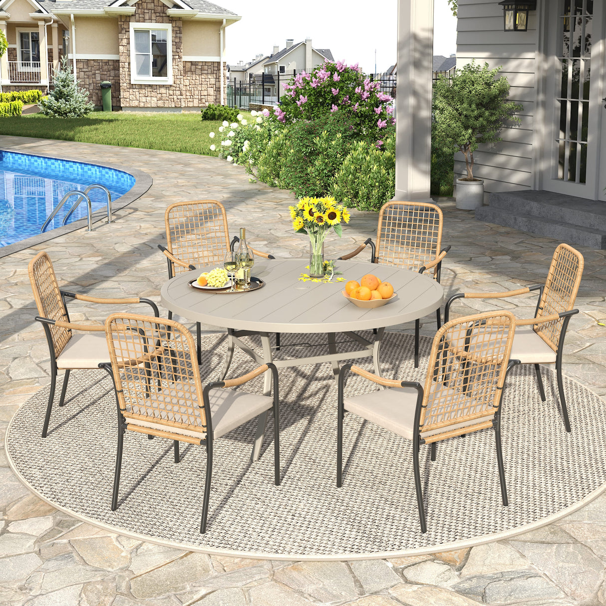 Vicllax 7 Pieces Outdoor Dining Set, 50" Round Table and Solana Stackable Chair
