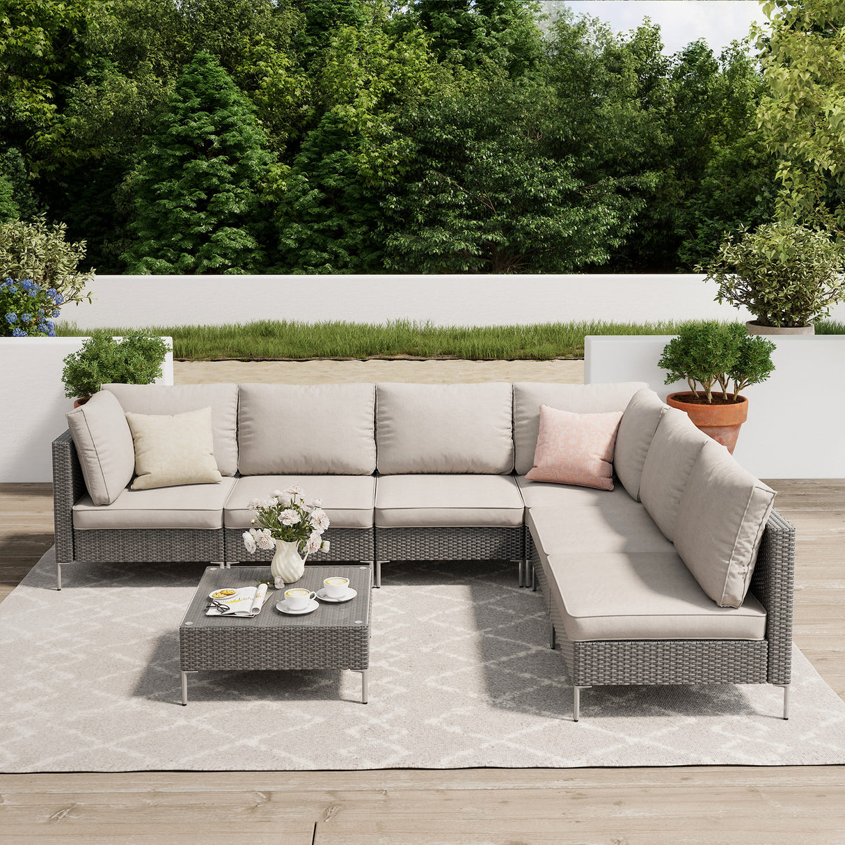 Vicllax 5/7 PCS Wicker Outdoor Conversation Set Patio Sectional Sofas with Glass Coffee Table
