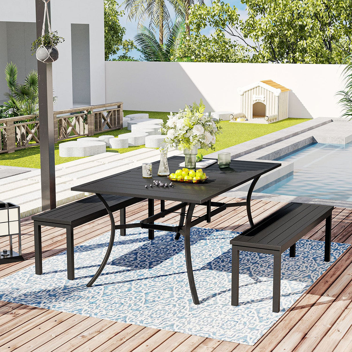 Vicllax 3 Pieces Outdoor Patio Dining Set, Curved Dining Table and Benches