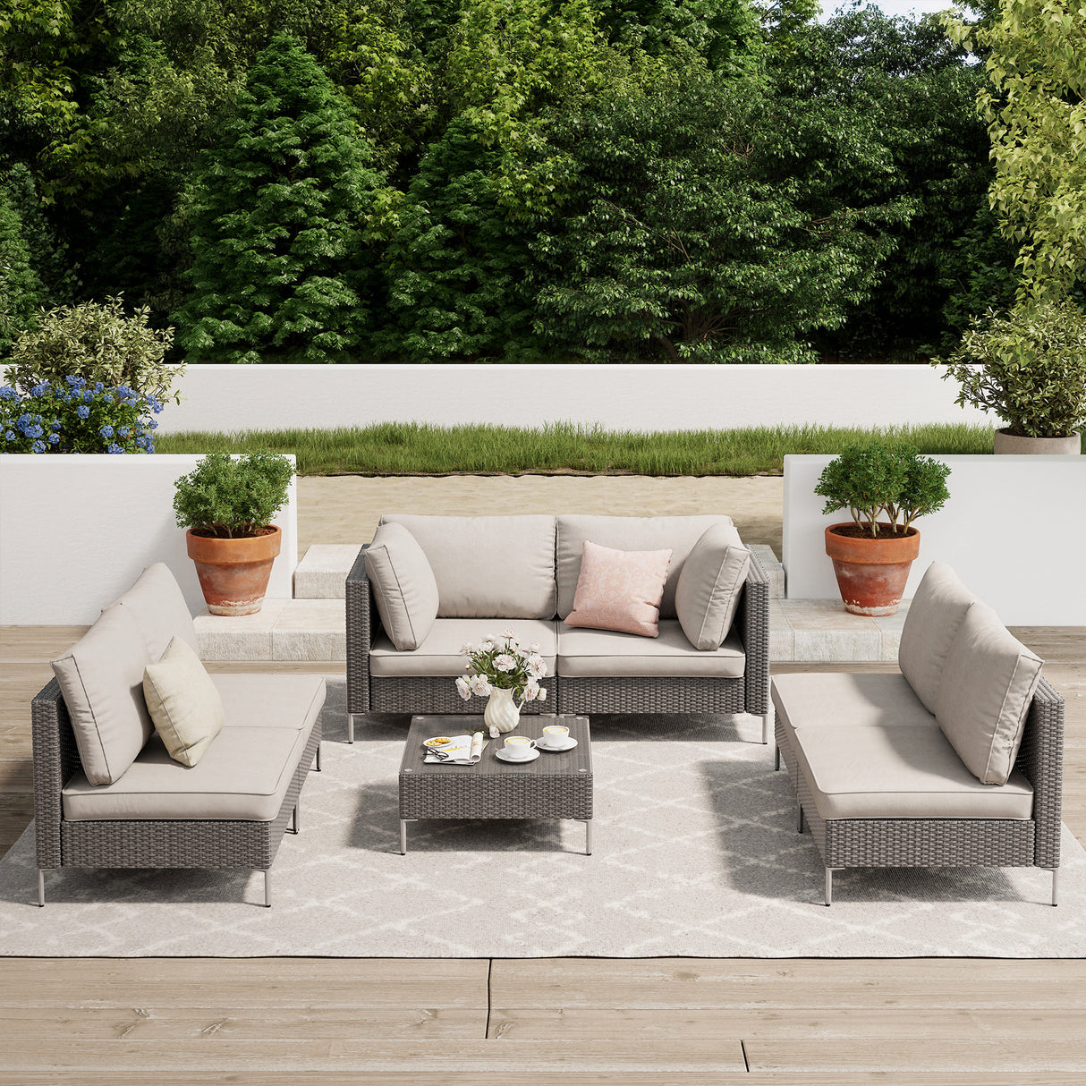 Vicllax 5/7 PCS Wicker Outdoor Conversation Set Patio Sectional Sofas with Glass Coffee Table