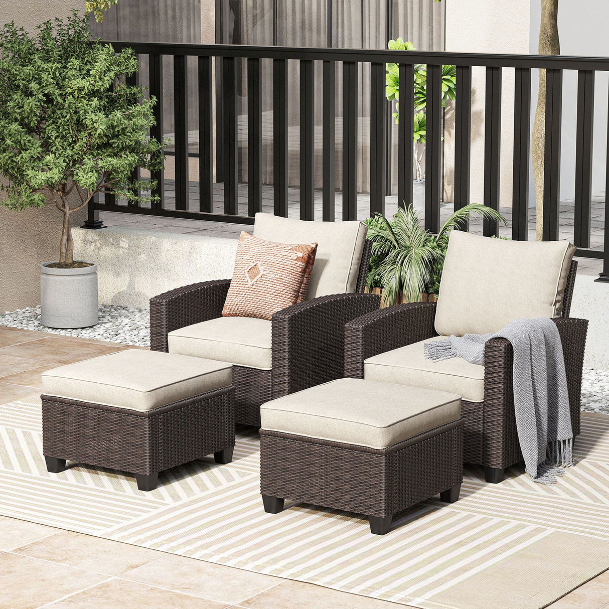 Vicllax 3/5 Pcs Patio Sofa Set, Wicker Outdoor Conversation Set with Sofa Chairs and Ottomans