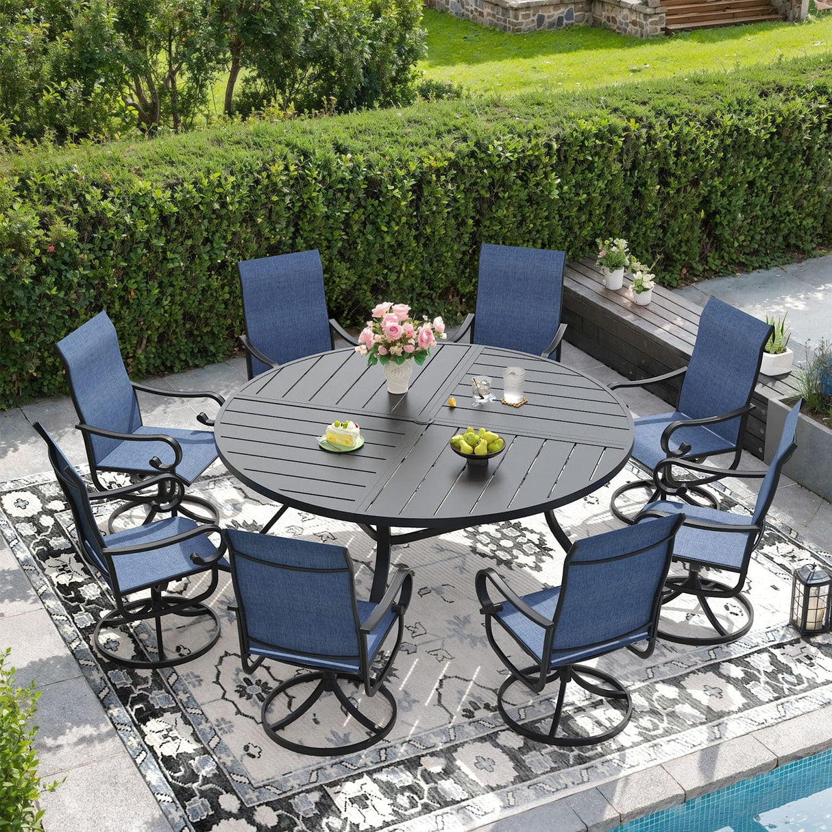 Vicllax 59.8" Patio Round Dining Table Set of 8, Metal Dining Table and Swivel Dining Chairs