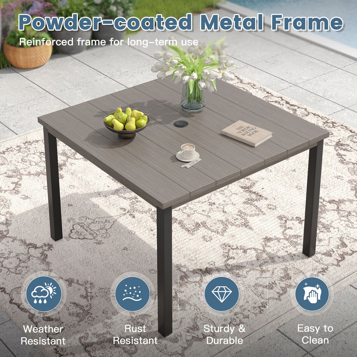Vicllax 5pcs Outdoor Dining Set, Square Metal Table and 4 Textilene Swivel Chairs