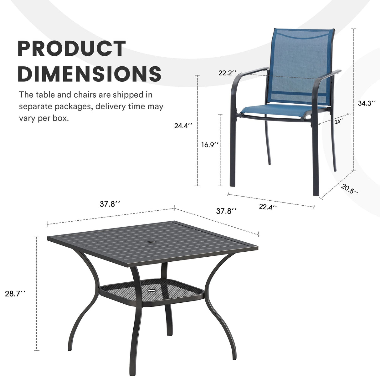 Vicllax 5 Pieces Outdoor Dining Set, 37.8" Square Metal Table and Stackable Sling Chairs