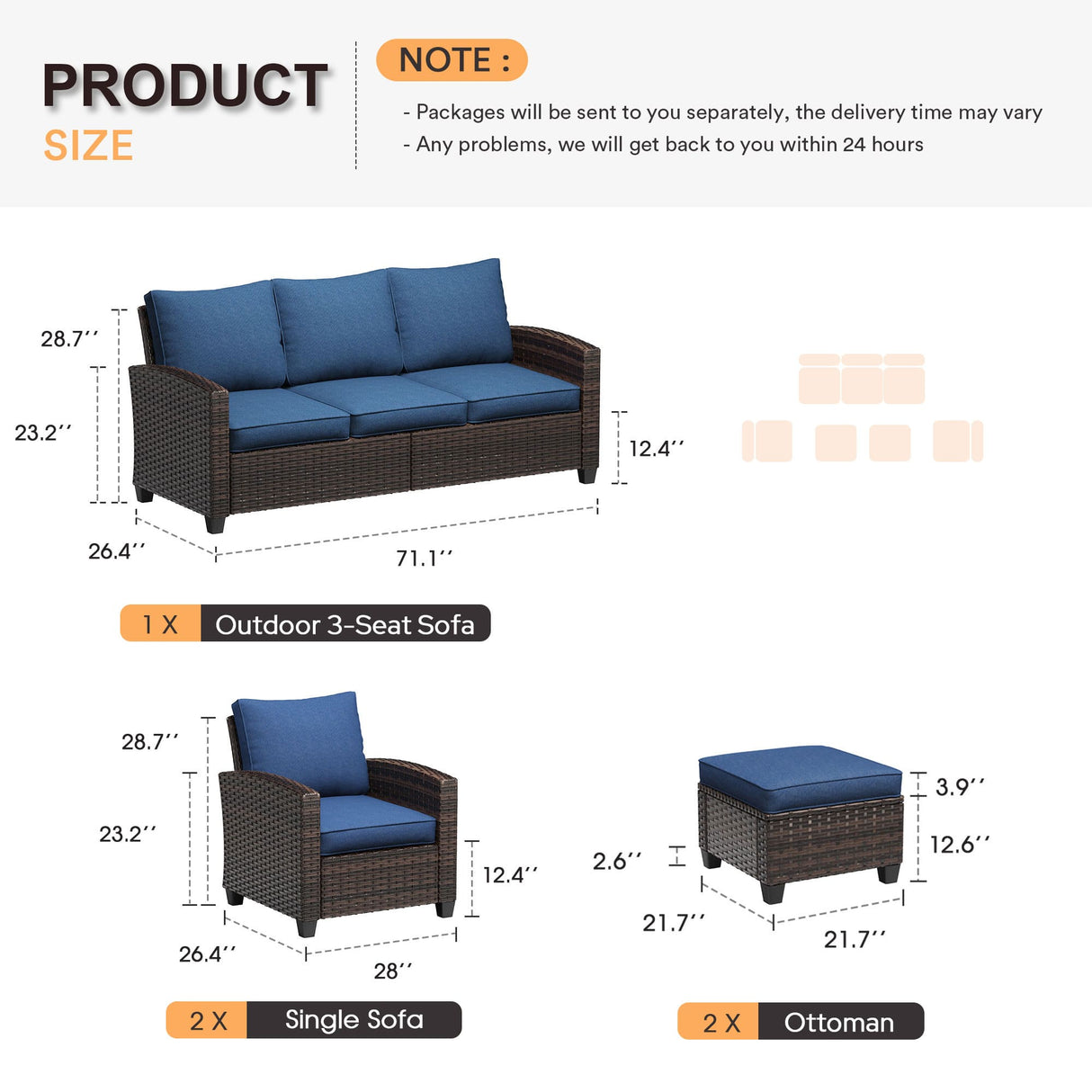 VICLLAX Versatile Wicker Patio Set: 5 Seater with Fire Table/Ottoman