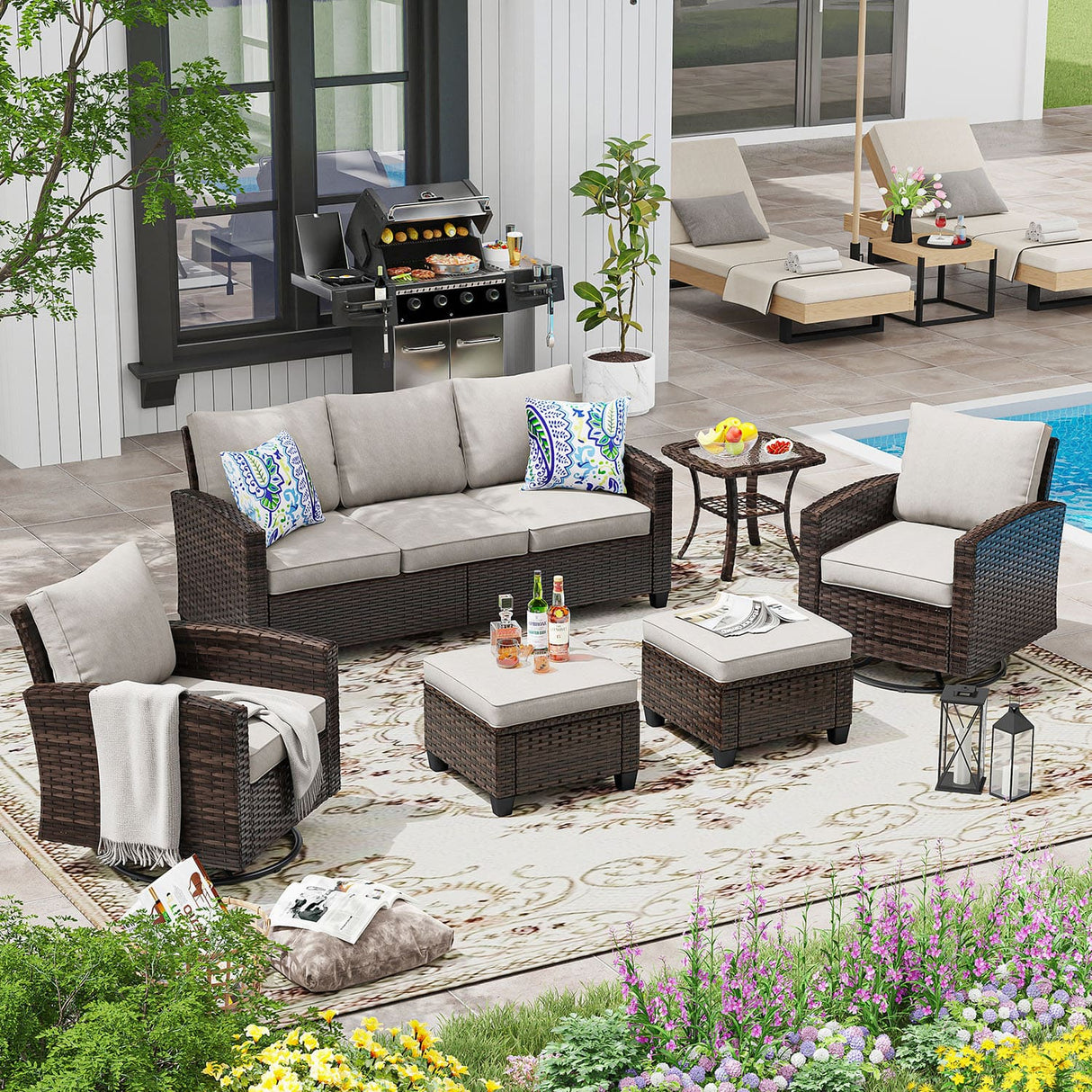 VICLLAX Versatile Wicker Patio Set: 5 Seater with Fire Table/Ottoman